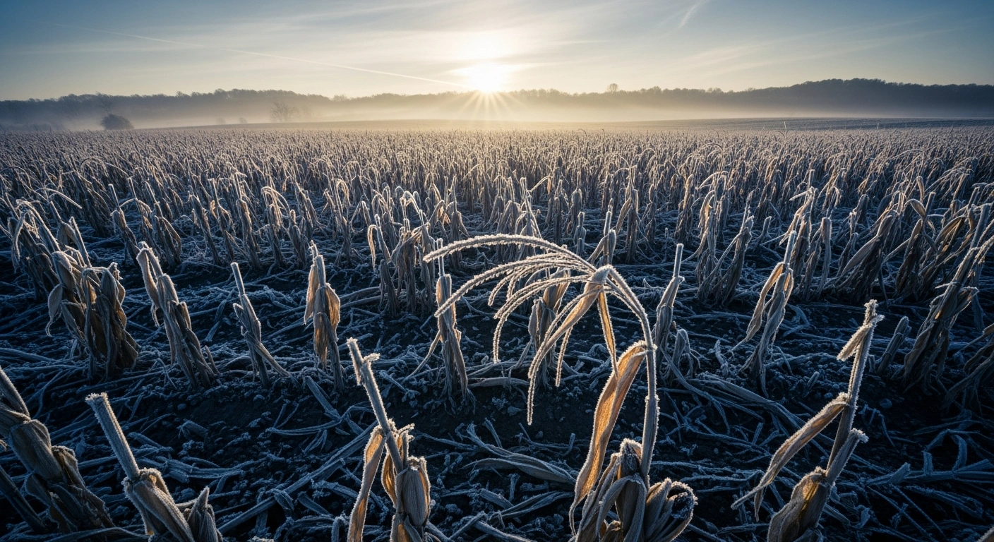 A frost-covered farm field in Virginia shows significant crop damage following severe late spring freeze events that prompted a USDA disaster declaration.