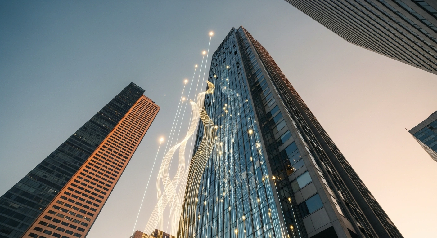 A wide, low-angle shot of a modern financial building in Buenos Aires at sunset, with glowing digital lines symbolizing the expansion of digital payments and modernization of financial infrastructure following Visa's acquisition of Argentinian paytech companies.
