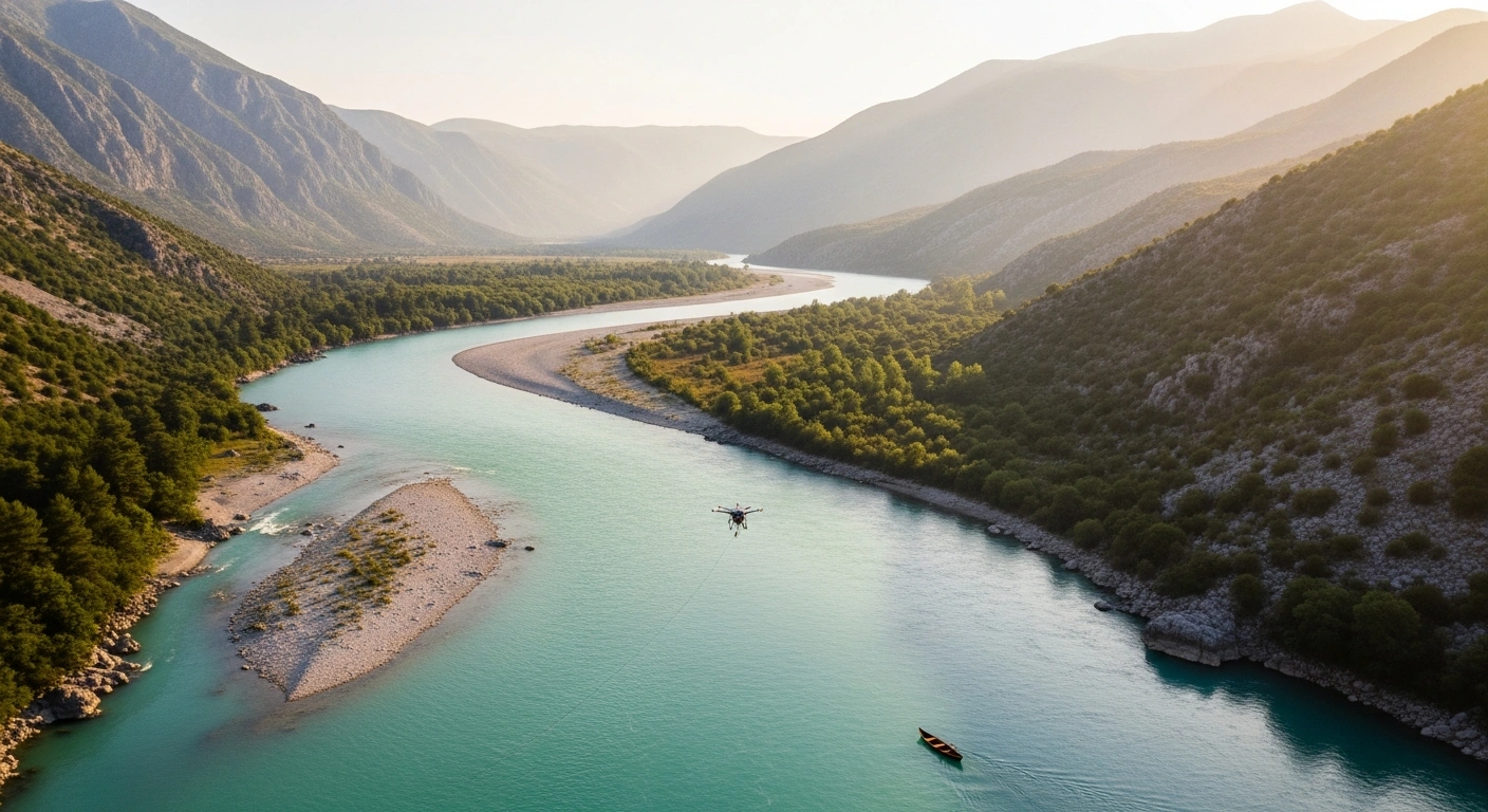 A wide, golden-hour aerial view captures the pristine, braided channels of Albania's Vjosa River flowing through a verdant valley flanked by rugged mountains, with a small wooden boat, representing its new status as a UNESCO biosphere reserve for conservation and ecotourism.