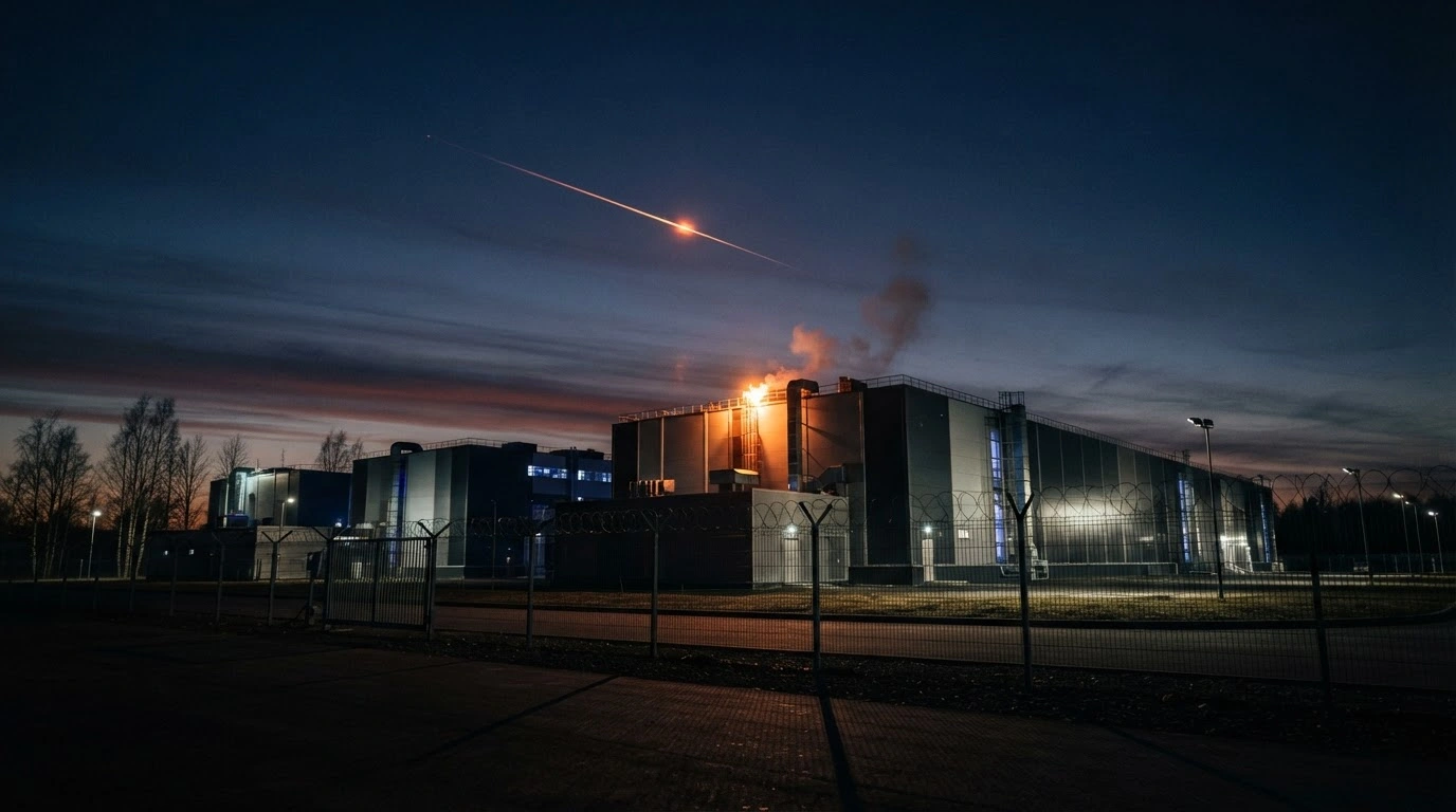 A modern VK data center facility in the Leningrad region stands at dusk following a reported drone strike incident.