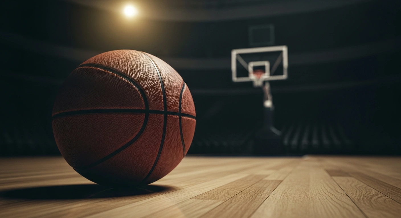 A vintage basketball sits on a hardwood court in a dark arena, symbolizing the legacy of legendary Lithuanian basketball coach Vladas Garastas.