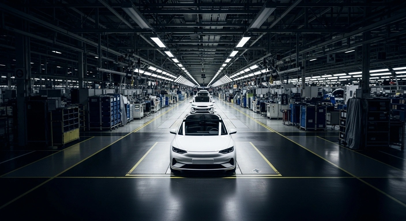 A wide, low-angle view of a modern Volkswagen factory floor in Germany, showcasing a brightly lit electric vehicle in the foreground against a backdrop of dimly lit, partially empty assembly line workstations, illustrating the company's efficiency programs and significant employee departures as it transitions to electric vehicle manufacturing.