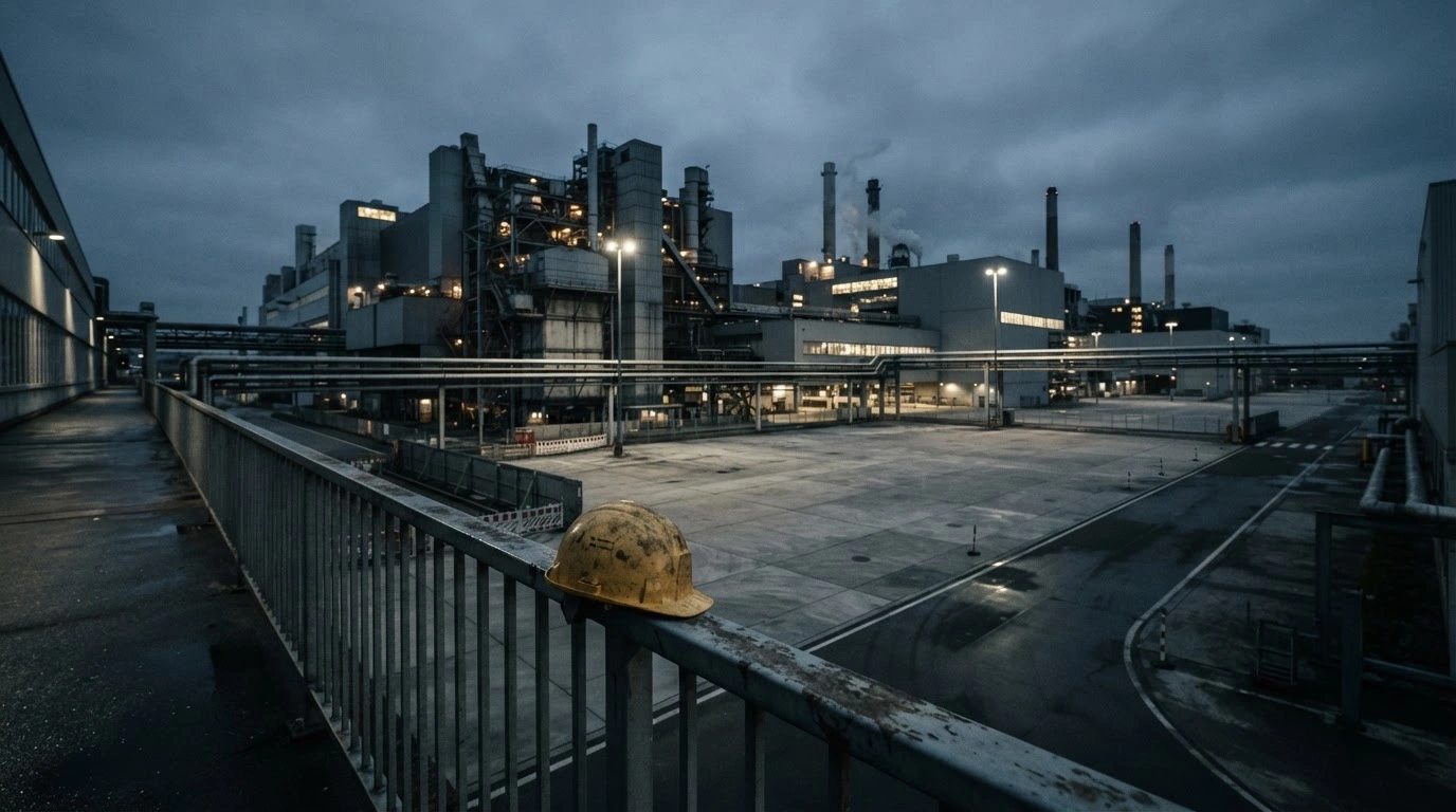 A desolate industrial exterior of a Volkswagen factory in Germany represents the end of long-standing job security agreements and looming labor conflicts.