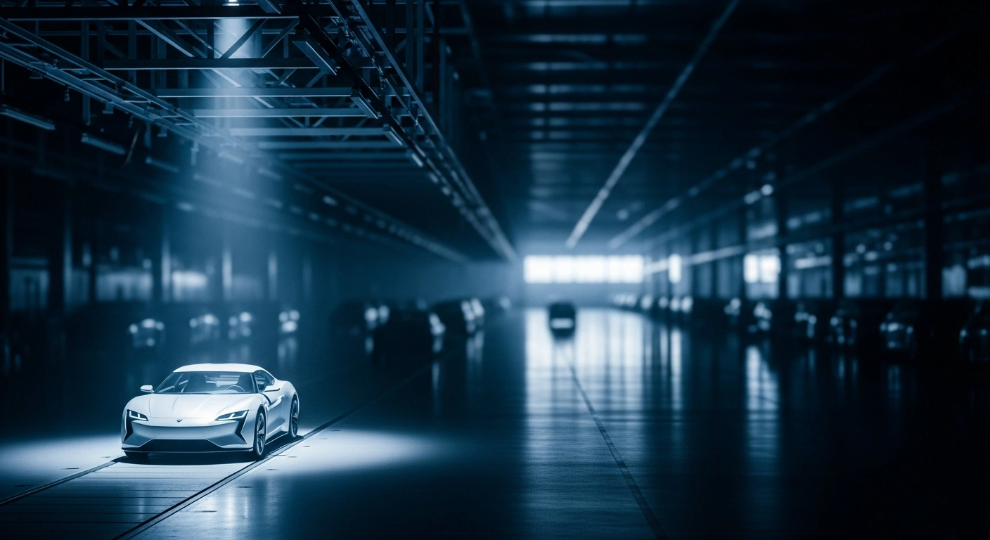 A lone Volkswagen prototype sits on a minimalist factory floor as the company undergoes a major restructuring to streamline operations and reduce its model lineup.