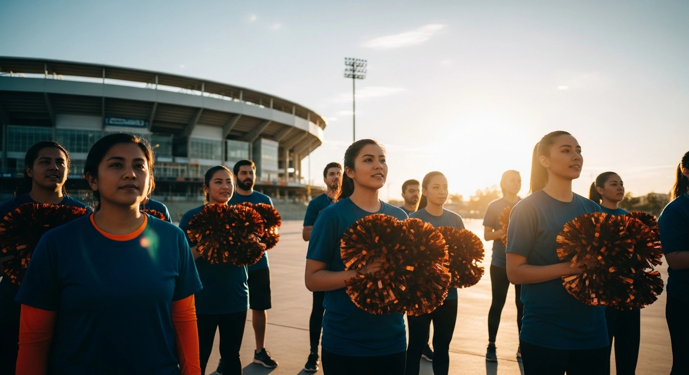A large group of enthusiastic volunteers gathers in a stadium plaza in Santa Fe, Argentina, to celebrate their registration for the 2026 South American Games.
