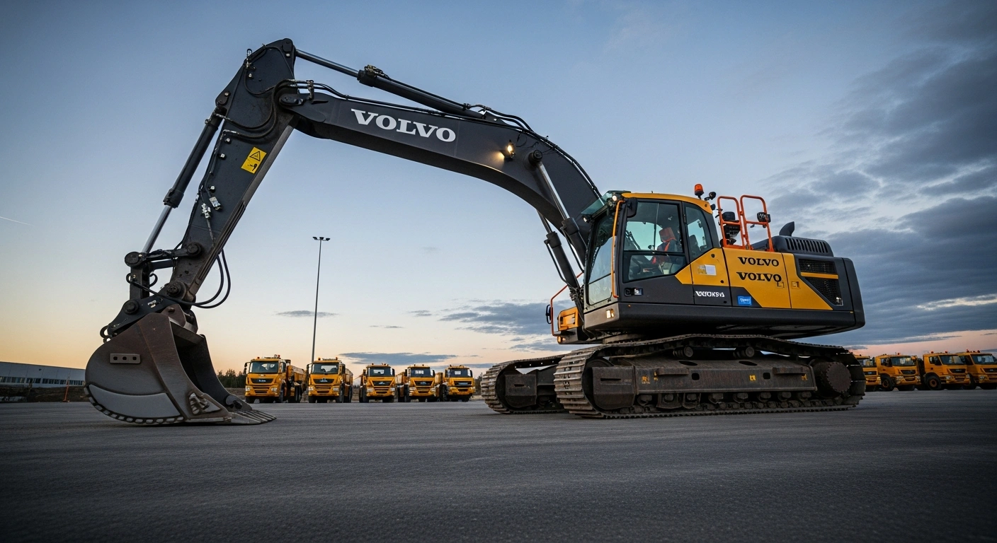 A large Volvo Construction Equipment excavator stands prominently on an industrial lot at dusk, with a fleet of smaller service vehicles in the background, symbolizing the integration of Swecon's retail and service operations into Volvo CE across Sweden, Germany, and the Baltic countries.