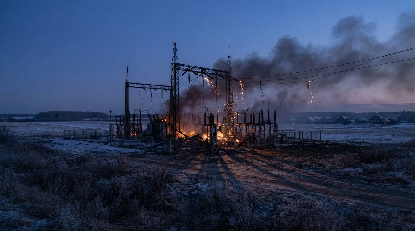 A damaged electrical substation in the Voronezh Region of Russia shows signs of fire and destruction following a drone strike that caused local power outages.