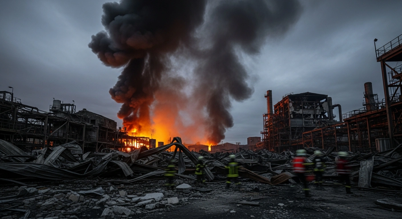 Emergency responders work at the site of a damaged manufacturing facility in Voronezh following a reported strike.