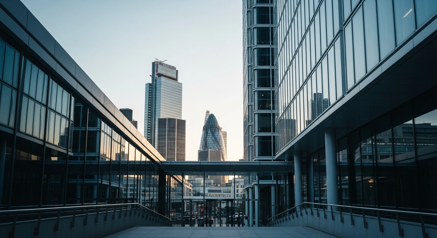 A modern glass office building in London represents the new UK headquarters for the deep tech venture capital firm Vsquared Ventures.