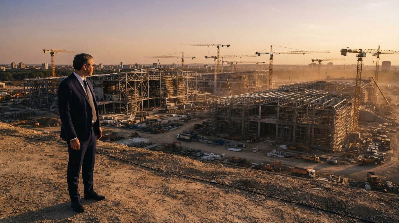 Serbian President Aleksandar Vucic inspects the massive construction site of the Expo 2027 project in Belgrade.