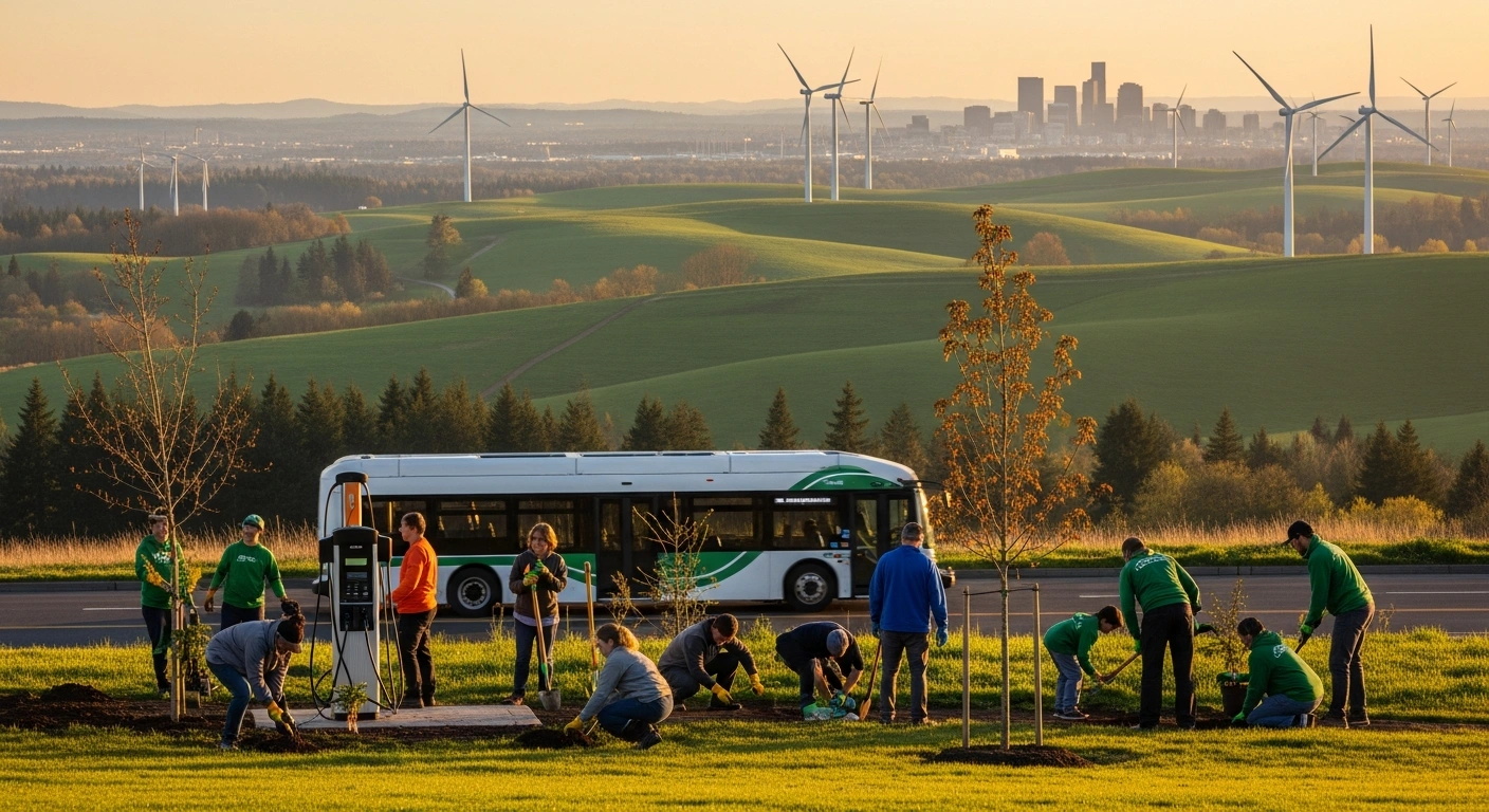 A wide shot at golden hour depicts a diverse community planting trees near an electric vehicle charging station and an electric bus, with wind turbines and a green city skyline in the background, symbolizing the $1.5 billion Climate Commitment Act investments in Washington State for emissions reduction, clean transportation, climate resilience, and environmental justice.