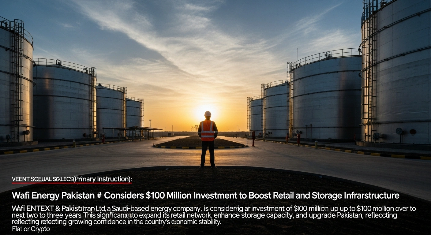 A cinematic wide shot at dusk shows a modern energy storage facility and new retail infrastructure in Pakistan, symbolizing Wafi Energy Pakistan Ltd's planned $100 million investment to expand its network and upgrade infrastructure.