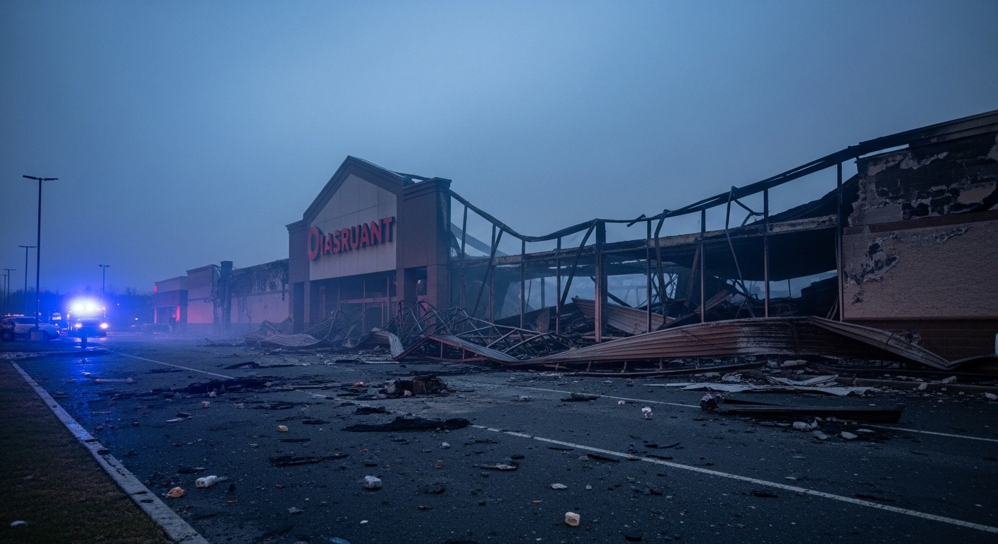 A wide, low-angle view captures the charred and partially collapsed structure of a Waldo's discount store in Hermosillo, Sonora, with emergency lights piercing through the smoky aftermath of a devastating explosion and fire that resulted in 23 fatalities and 12 injuries, as President Claudia Sheinbaum calls for an investigation.