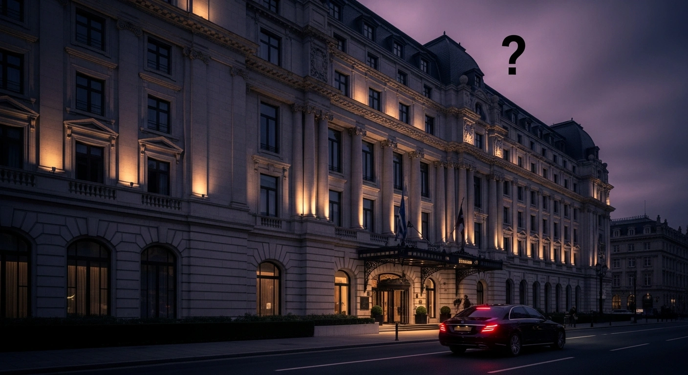 A grand, neoclassical luxury hotel, the Waldorf Astoria Minsk, is depicted at twilight with subtle exterior lighting and an empty street, reflecting its discreet opening in Belarus amidst geopolitical tensions.