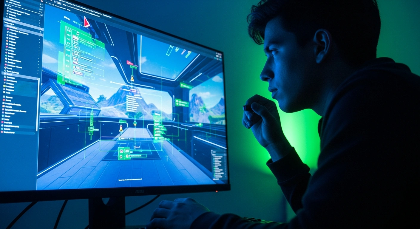 A young software developer is intensely focused on a computer screen displaying vibrant, gamified coding challenges within a Fortnite-like virtual environment, reflecting the innovative recruitment drive by Walmart México y Centroamérica for software talent.