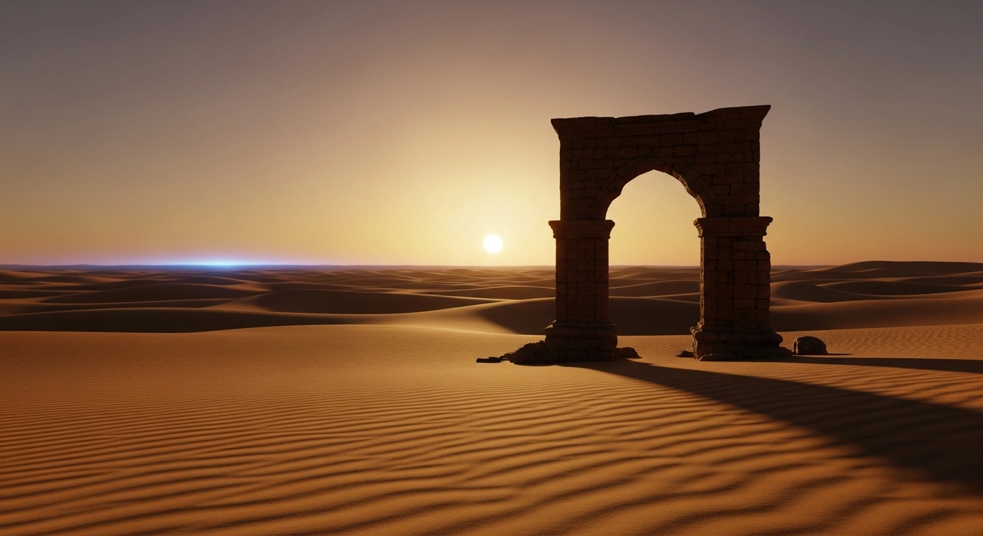 A serene desert landscape at sunset symbolizes the diplomatic efforts of Chinese Foreign Minister Wang Yi to promote peace and stability between Iran and Israel.