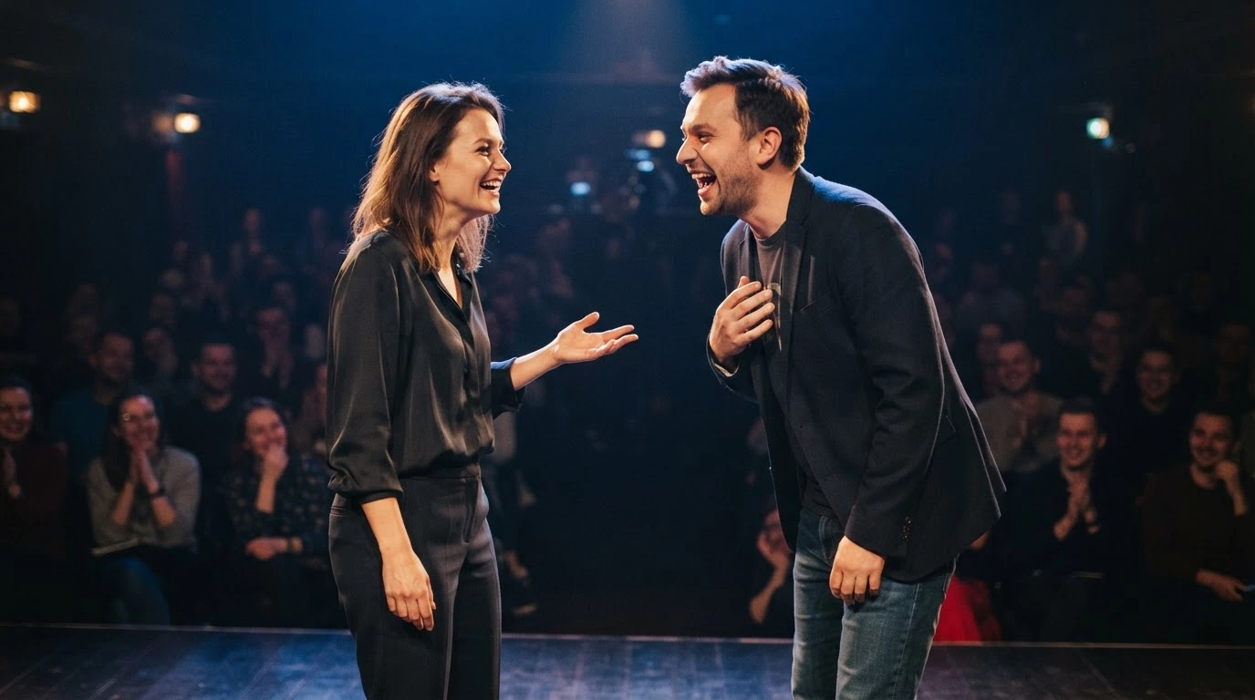 Actress Paulina Gałązka and the Kolektyw Śmiesznie troupe perform during the Śmiech na Hali improvised comedy event in Warsaw, Poland.