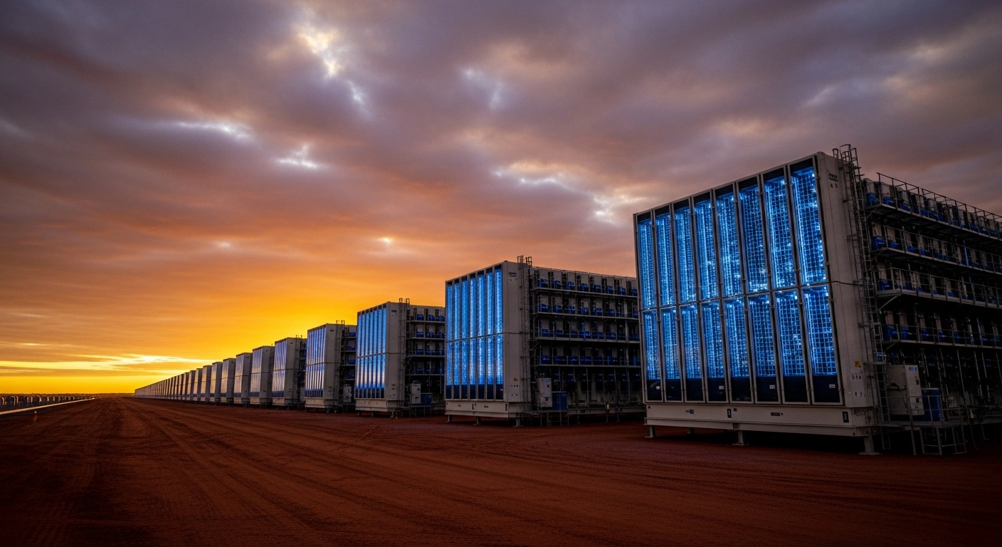 A vast, futuristic DC-coupled hybrid battery energy storage system, representing Wärtsilä's project for Australia's National Electricity Market, stretches across the outback under a dramatic golden hour sky, symbolizing clean energy and enhanced grid stability.