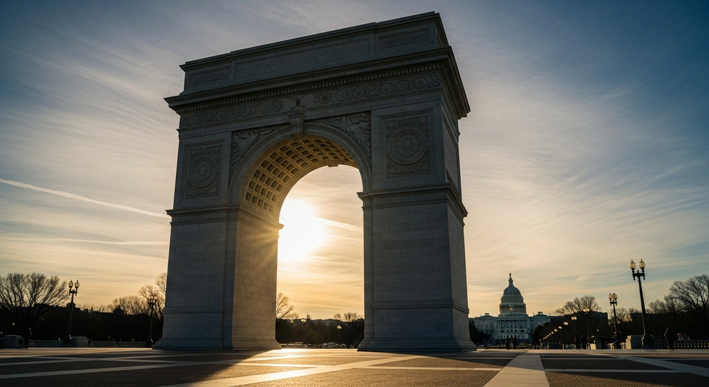 A conceptual rendering of a massive 250-foot tall stone arch monument proposed for the United States 250th anniversary in Washington D.C.