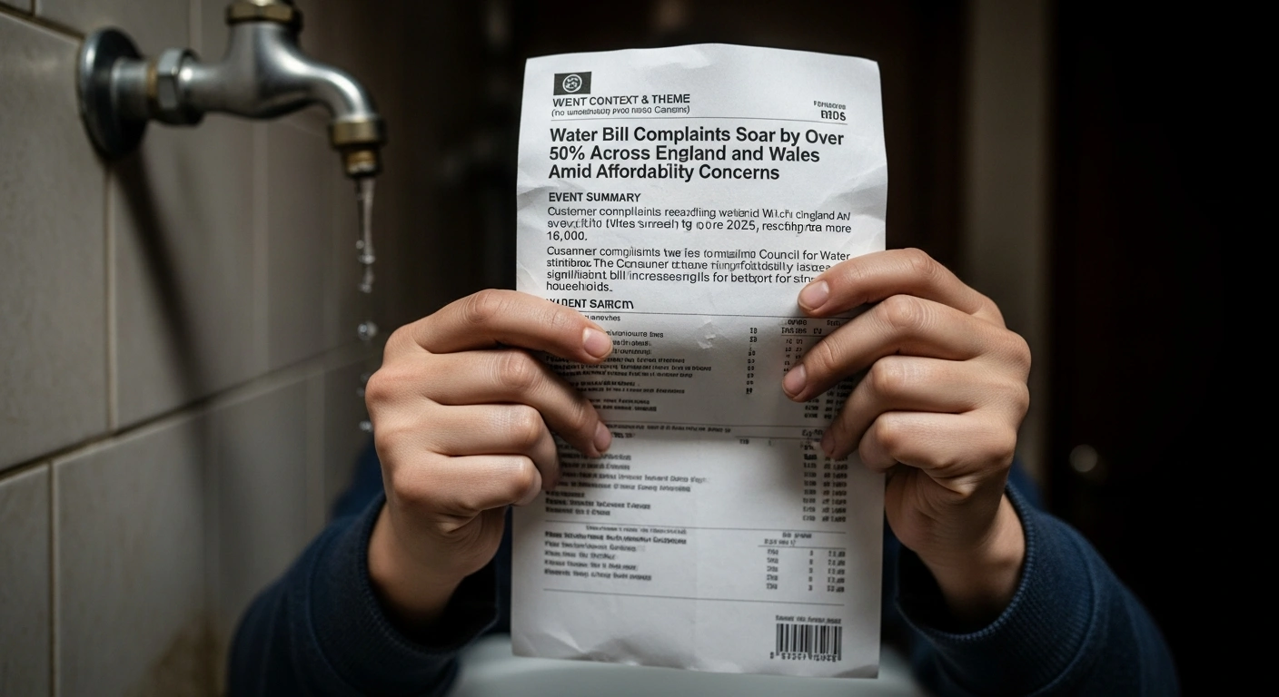 A close-up photograph shows visibly strained hands tightly gripping a heavily creased water bill, with a subtly dripping tap in the soft background, illustrating the surge in customer complaints regarding water bills and affordability issues for households in England and Wales.