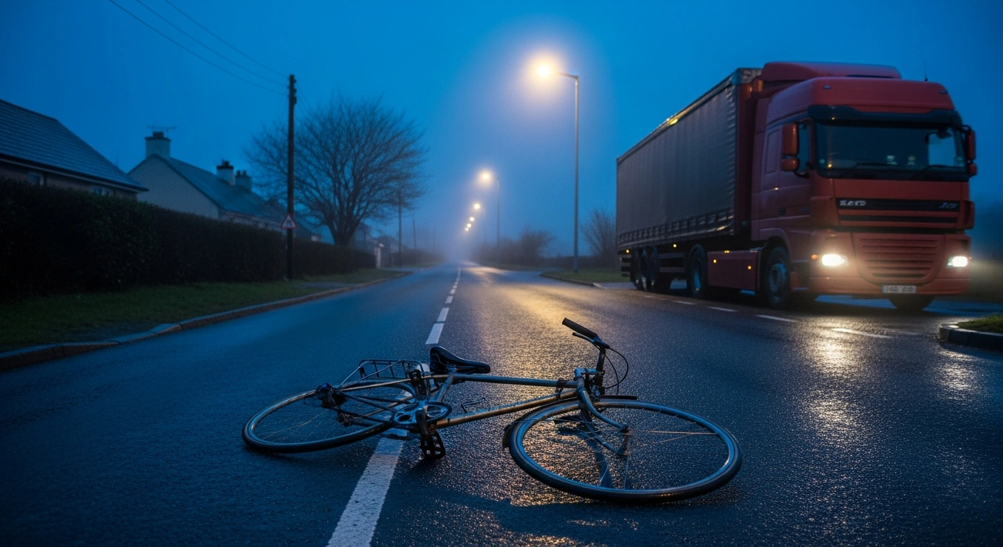 A bicycle lies on a wet road near a parked lorry in Dunmore East, County Waterford, following a fatal collision investigation.