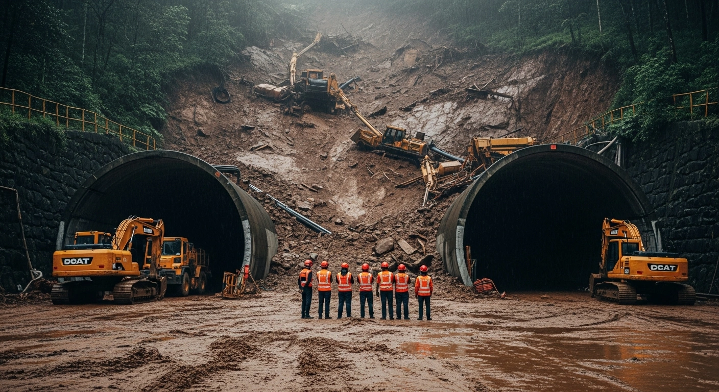 Emergency responders stand at a tunnel construction site in Wayanad, India, following the conclusion of search operations after a deadly landslide.