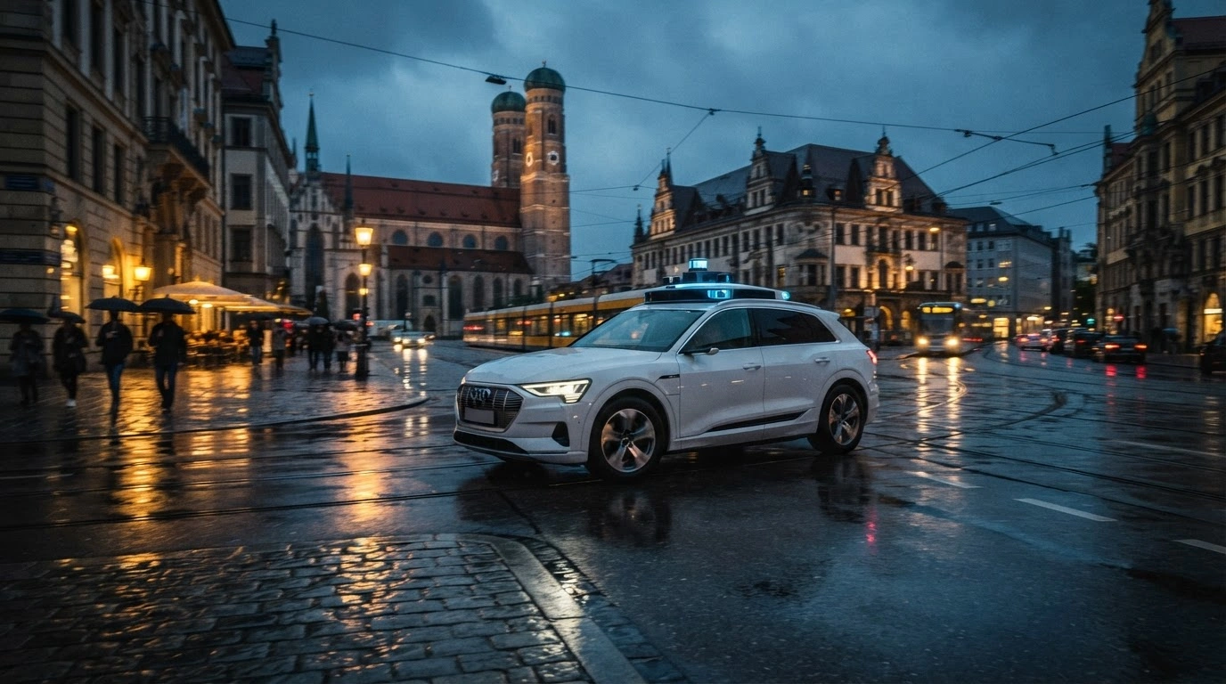 A sleek autonomous robotaxi drives through a historic street in Munich, Germany, during a period of ongoing global testing.