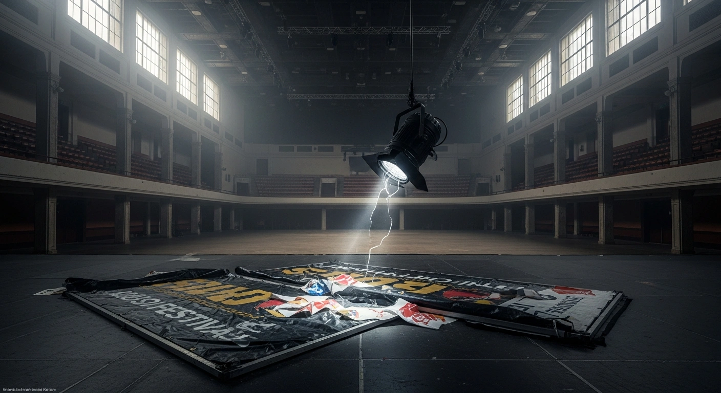 A dimly lit, empty concert venue stage in Cardiff, featuring discarded, half-assembled festival banners and a broken spotlight, symbolizing the abrupt cancellation of the We Are One Festival due to investment withdrawal and financial pressures.