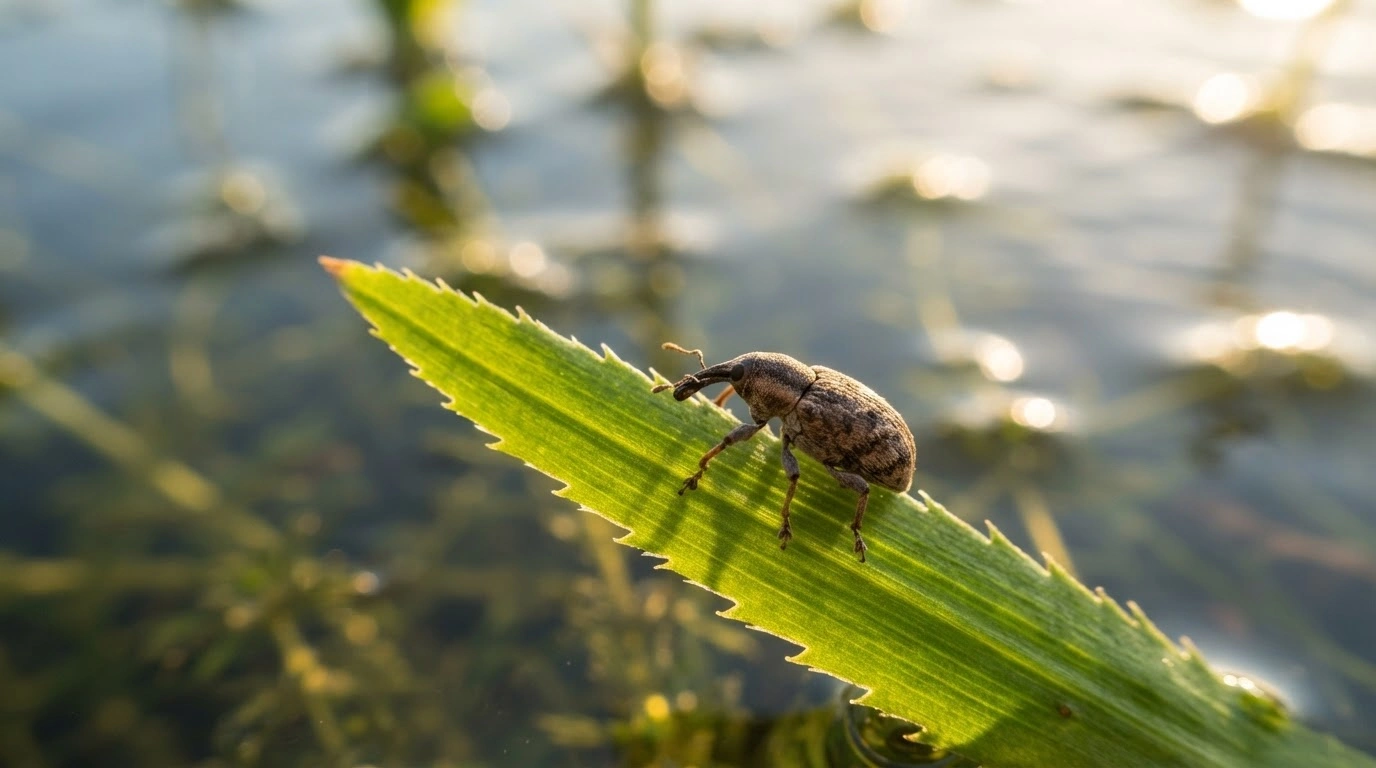 A Bagous nodulosus weevil rests on a flowering rush plant as part of a biological control effort to manage the invasive aquatic species.