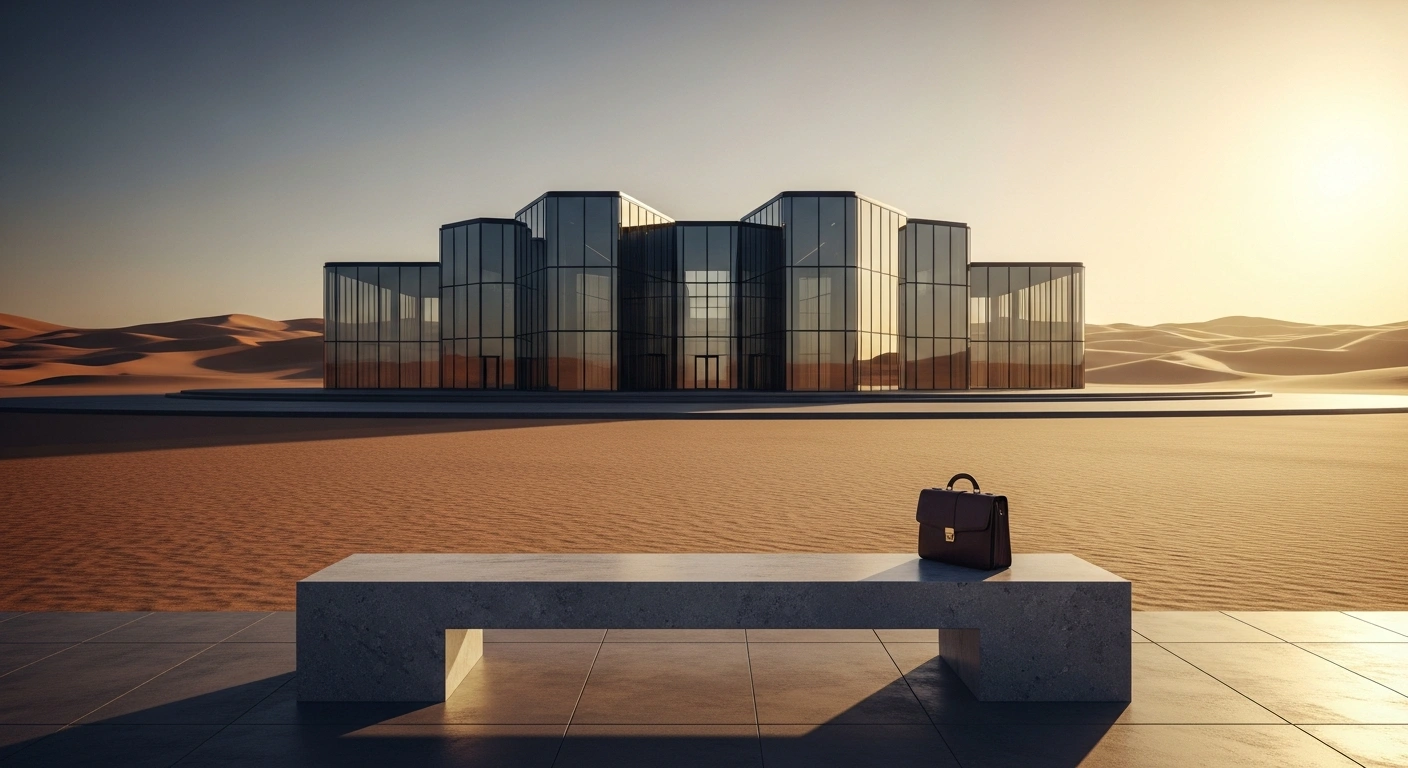An empty modern conference center stands in the Saudi Arabian desert following the World Economic Forum's decision to reschedule its global meeting.