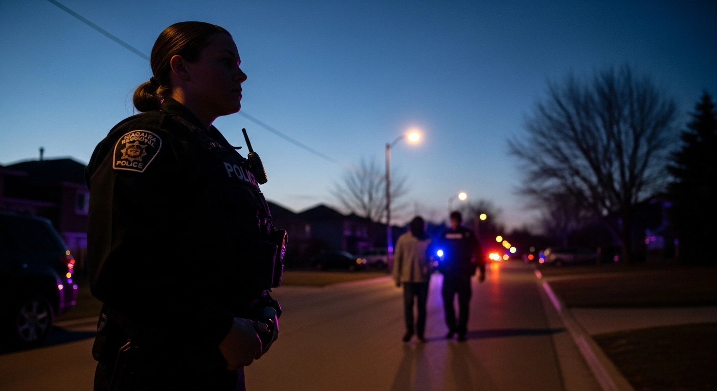 A Niagara Regional Police officer stands silhouetted against the cold pre-dawn light as a suspect is led away in the background, marking the conclusion of a nearly 24-hour standoff in Welland, Ontario, following an officer-involved shooting.