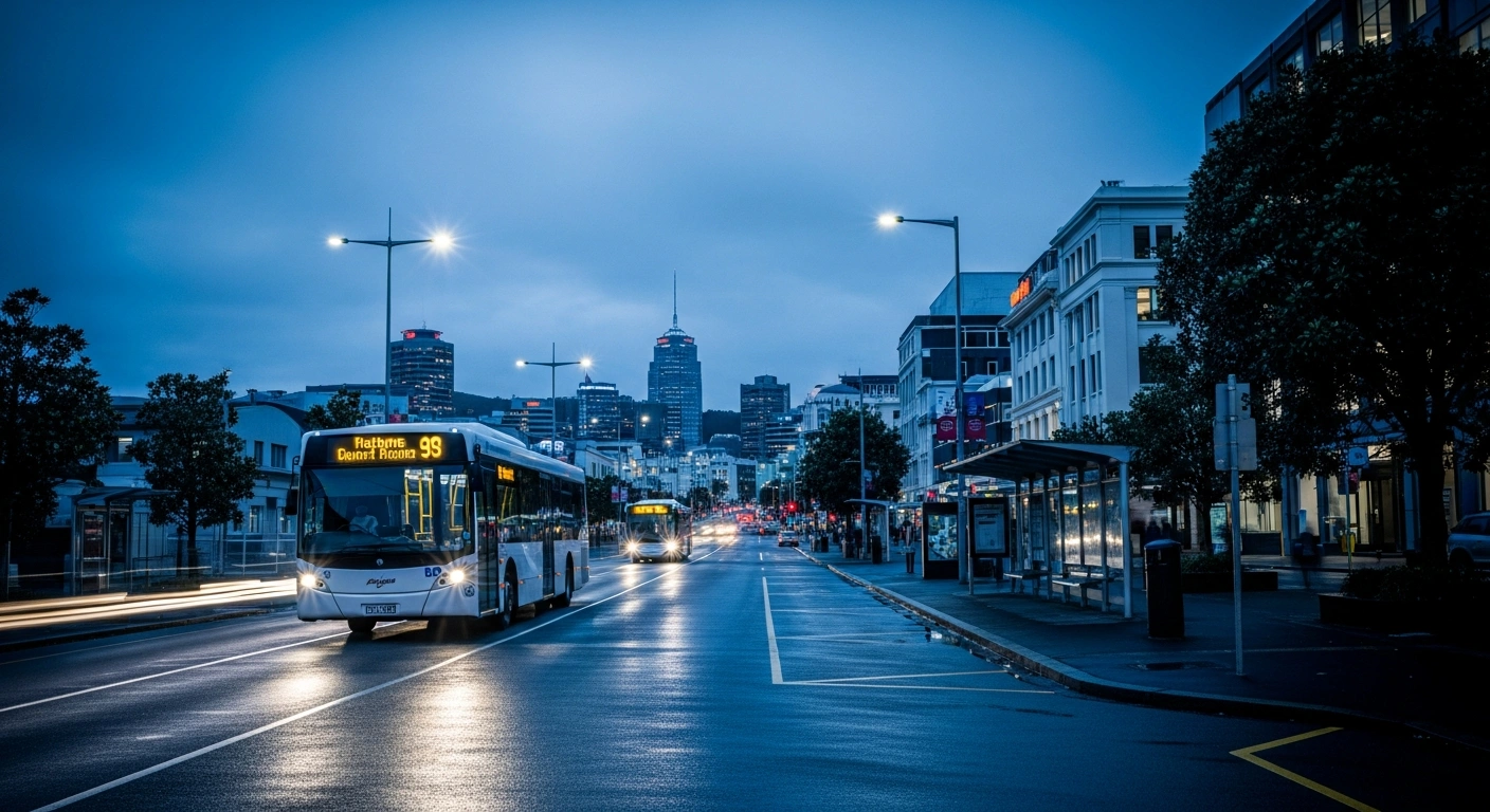 A modern bus sits at a quiet stop in Wellington, representing the public transport projects excluded from the New Zealand government's national land transport plan.
