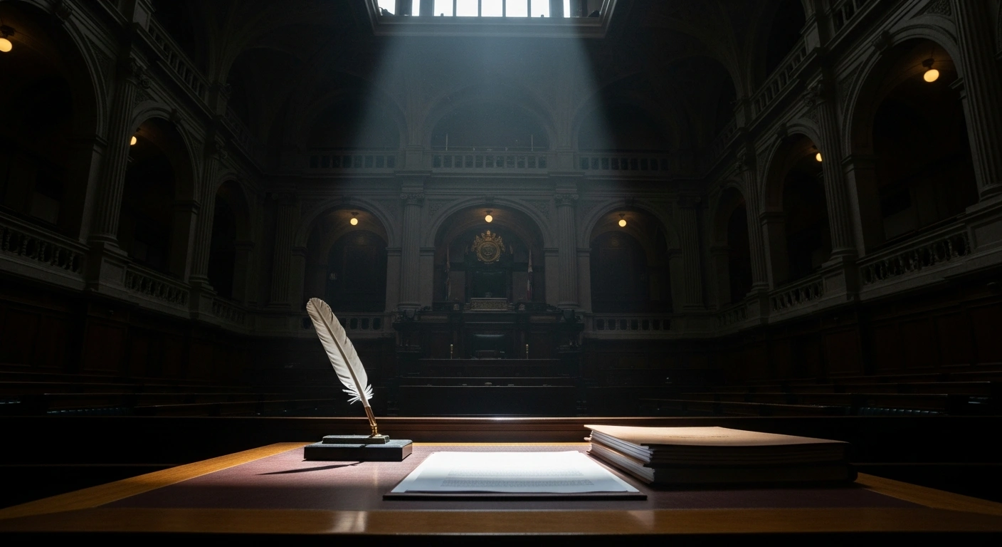 A wide, low-angle shot of a dimly lit legislative chamber, where a single beam of cool light illuminates a polished wooden table with an ornate quill and official documents, symbolizing the Welsh Senedd's legislative consent for the Terminally Ill Adults (End of Life) Bill and its oversight of assisted dying services within NHS Wales.