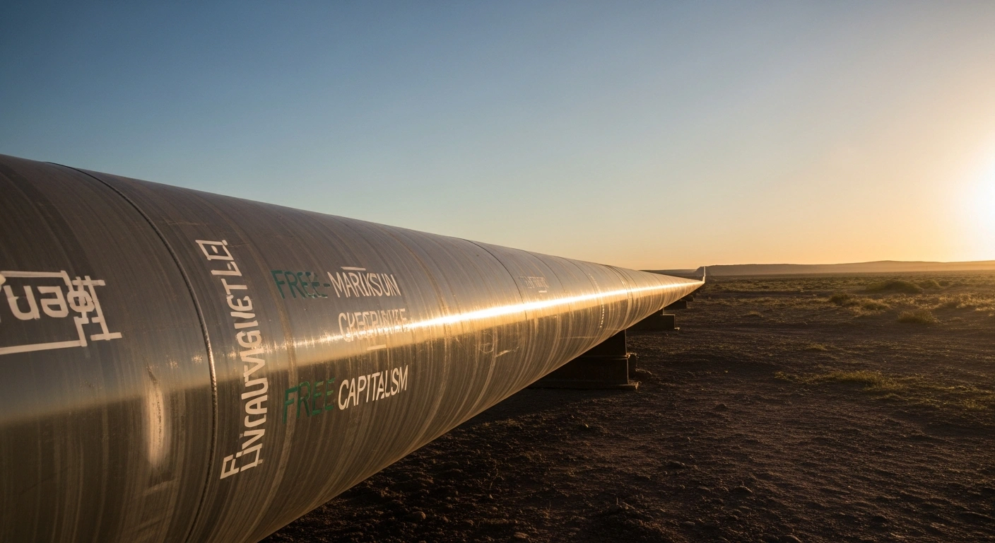 A massive, newly laid silver LNG pipeline stretches across a vast, arid Argentine landscape under the golden hour sun, with a large pipe section in the foreground, symbolizing Welspun Living Ltd.'s US$200 million contract to supply pipes for an LNG pipeline in Argentina, aligning with President Javier Milei's free-market reforms.