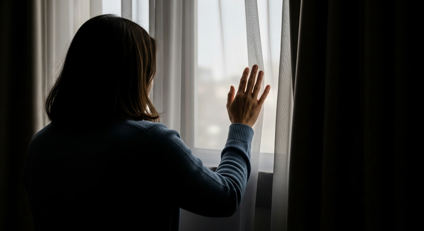 A somber, dimly lit scene shows a solitary figure, back slightly turned, gazing out a window, conveying profound grief following the passing of Weslley Carvalhaes, son of evangelical singer Shirley Carvalhaes, in Brazil.