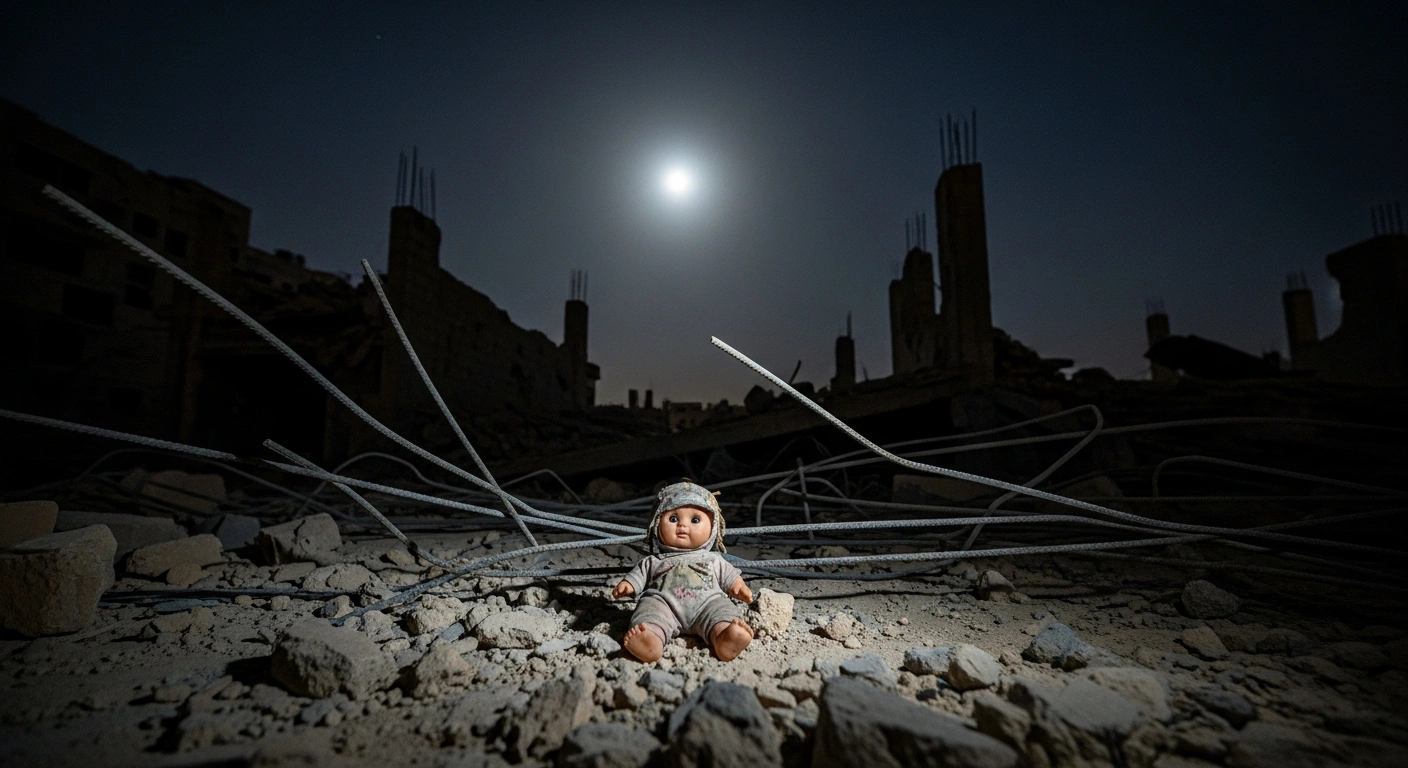 A desolate street in a destroyed Palestinian camp, with a child's doll amidst rubble under a smoky sky, symbolizing the civilian casualties and alleged 'crimes against humanity' in the West Bank condemned by Iran's Foreign Ministry.