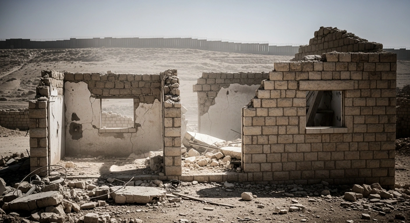 A ruined stone house stands in the West Bank as a symbol of the displacement and property destruction faced by Palestinians.