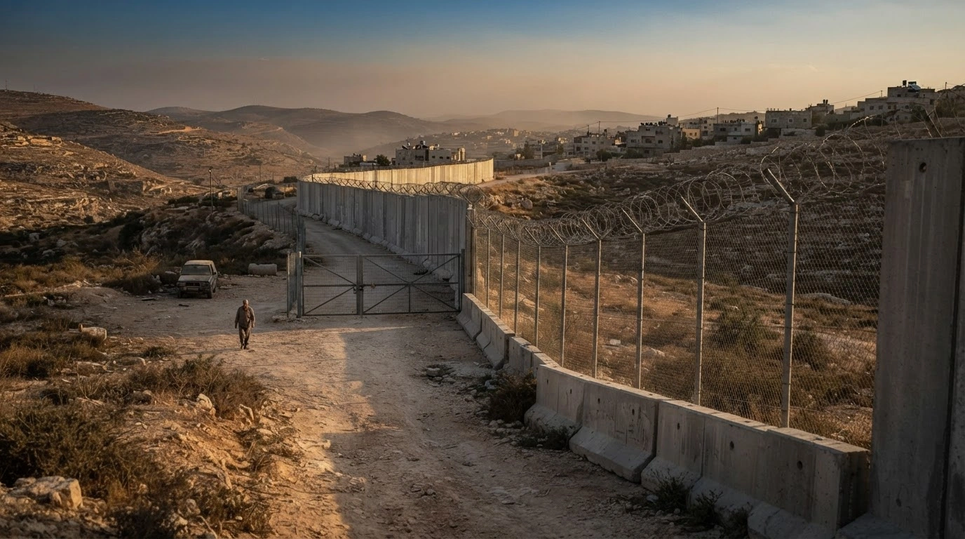 A desolate landscape in the West Bank shows fragmented infrastructure and physical barriers that restrict movement and impact community stability as described in the B'Tselem report.