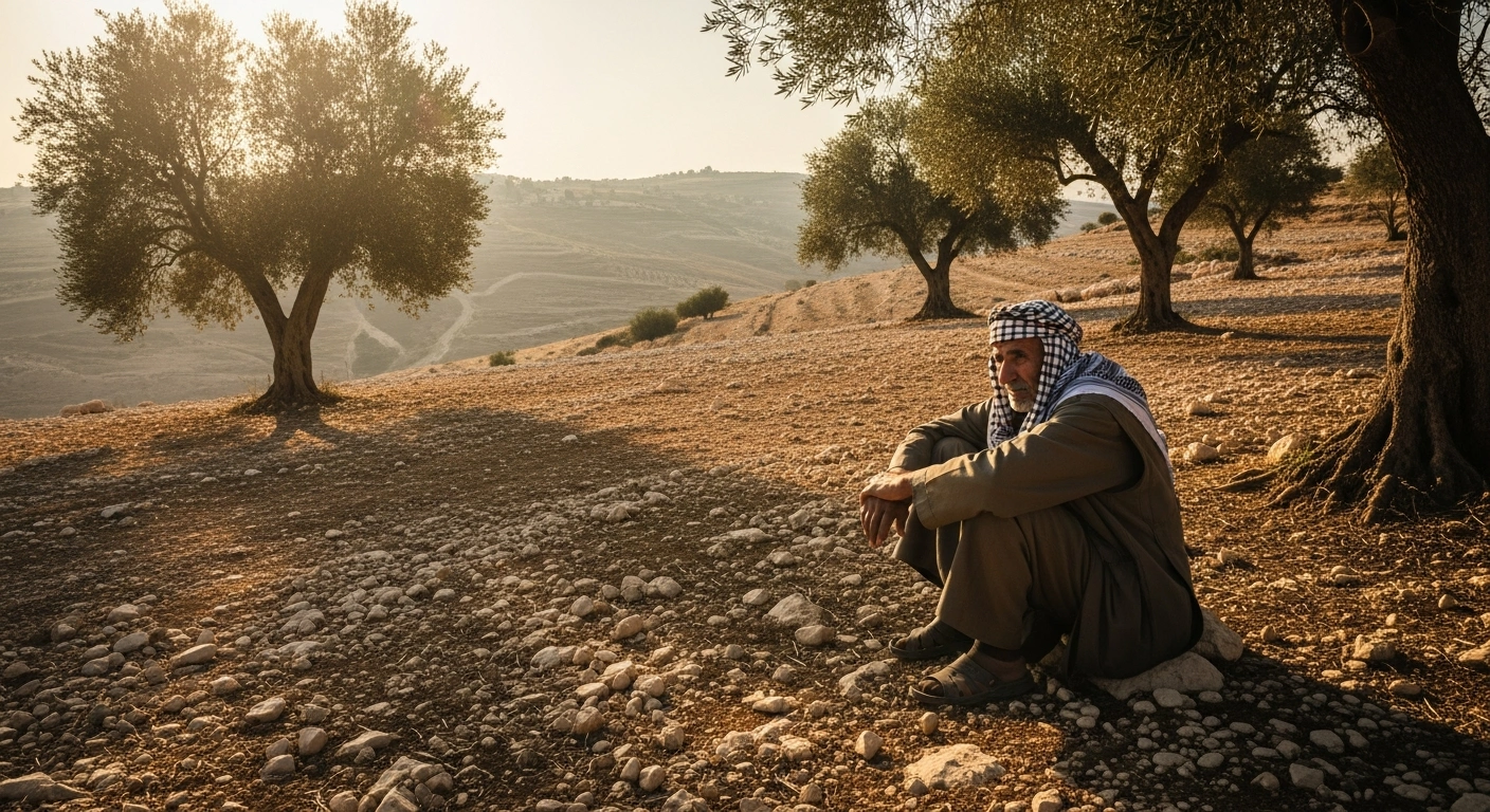 An elderly Palestinian man sits on the ground in a rural West Bank landscape following a confrontation involving Israeli settlers near Abu Falah.