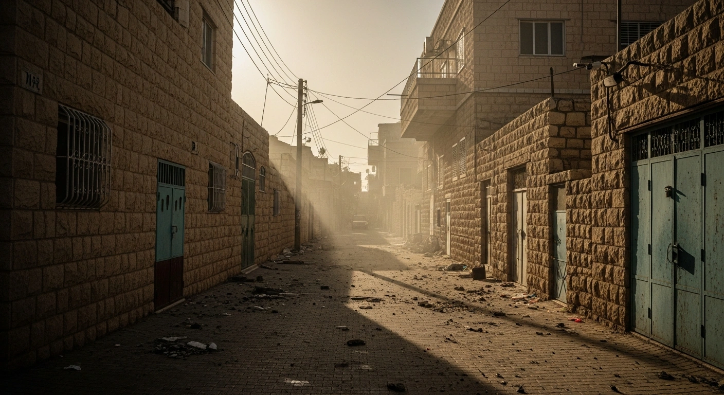 A desolate street in a West Bank village shows signs of property damage following attacks by Israeli settlers that left multiple Palestinians injured.