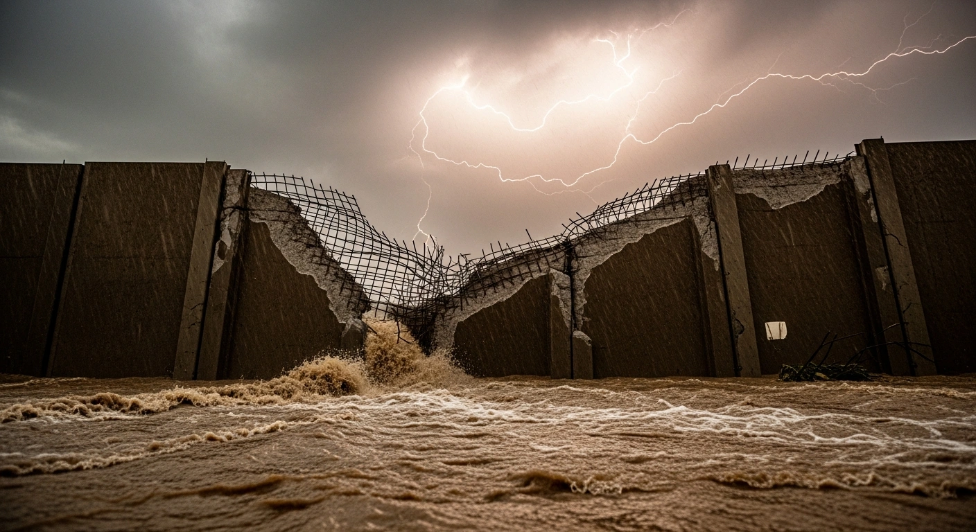 A partially collapsed section of Israel's separation wall, with exposed rebar, stands amidst churning muddy floodwaters under a stormy sky, depicting the severe impact of torrential rainfall and flash flooding in the southern West Bank near Hebron.