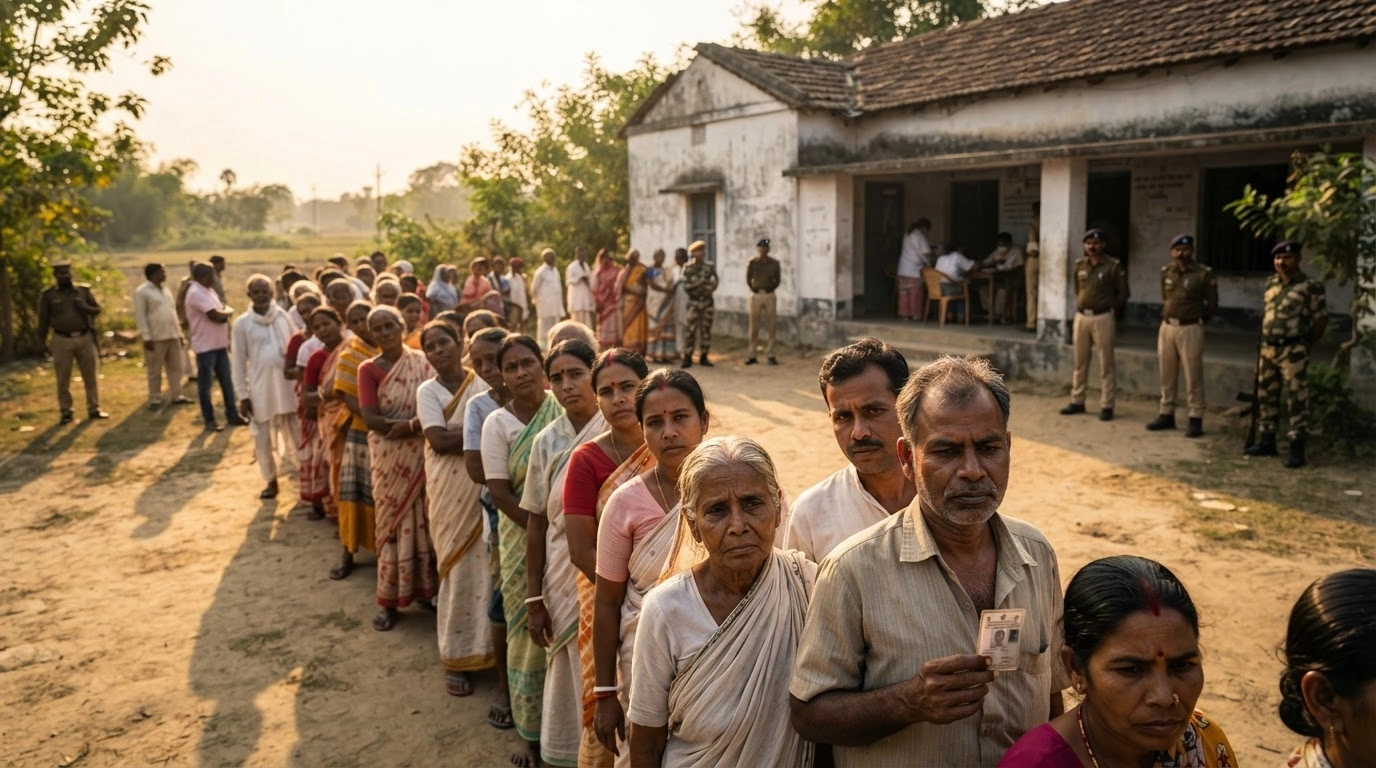 Voters wait in a queue to cast their ballots at a polling station in West Bengal during assembly by-elections under strict security.