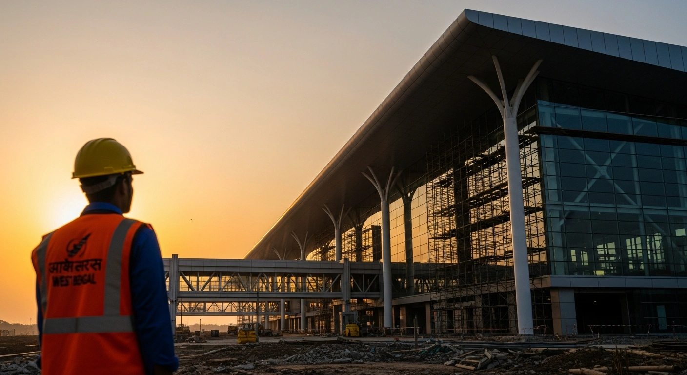 A modern airport construction site in West Bengal represents the state's new infrastructure development and economic growth for employees.