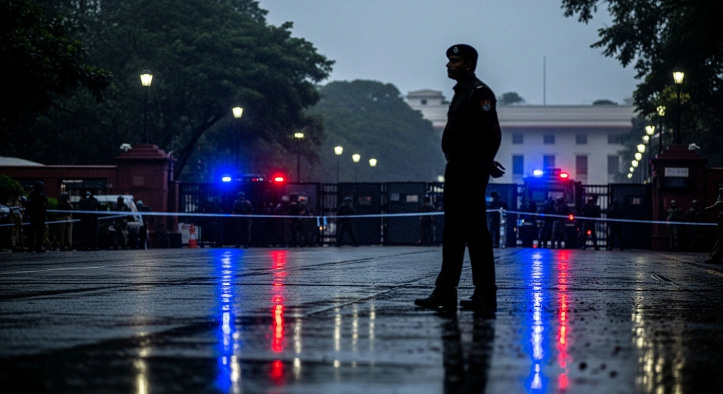 West Bengal police officers maintain a heavy security presence near a government building following the arrest of a suspect involved in the Malda unrest.