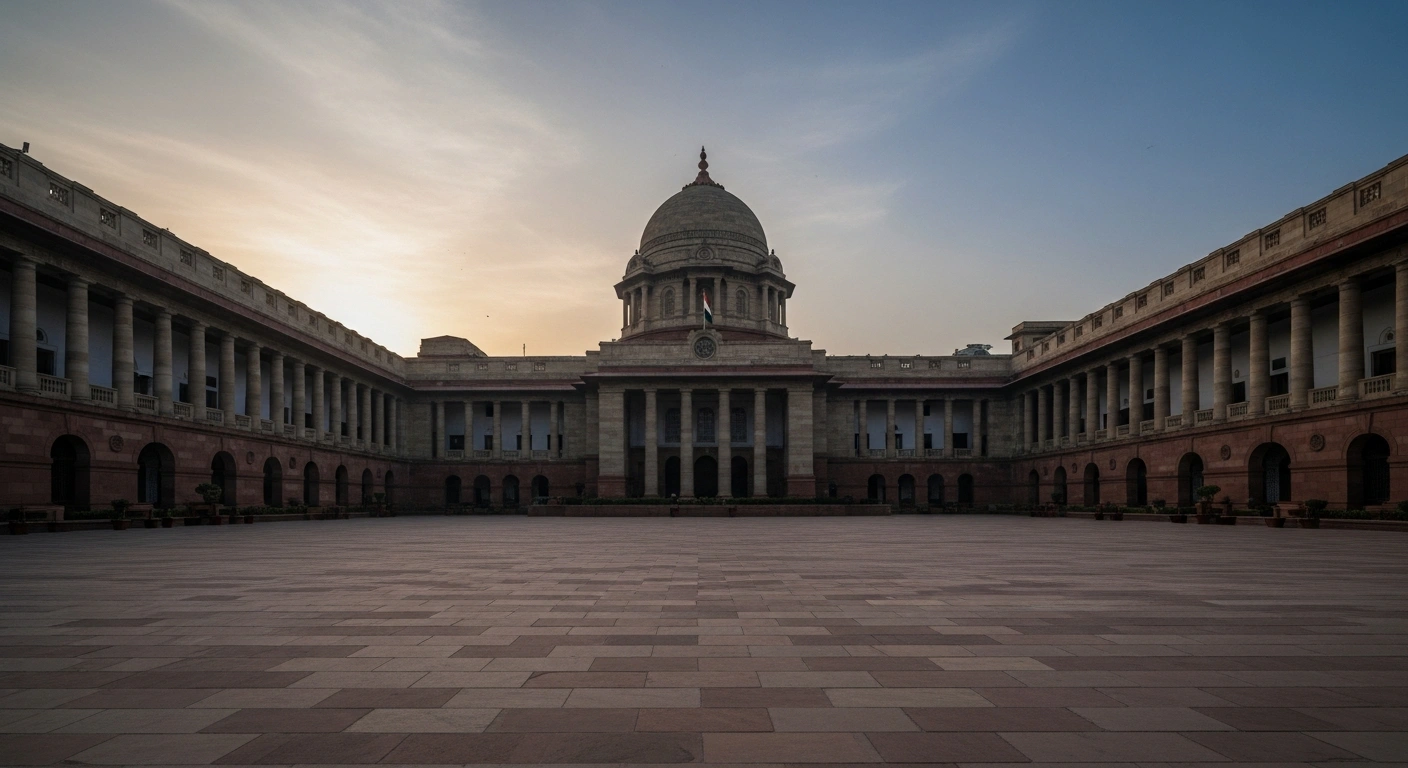 The West Bengal legislative building stands in a quiet courtyard during a calm afternoon, reflecting the absence of new government policy announcements regarding a Uniform Civil Code.
