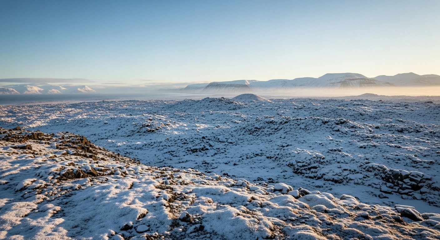 A scenic view of the snow-covered landscape in West Iceland during a clear and cold Easter weekend.