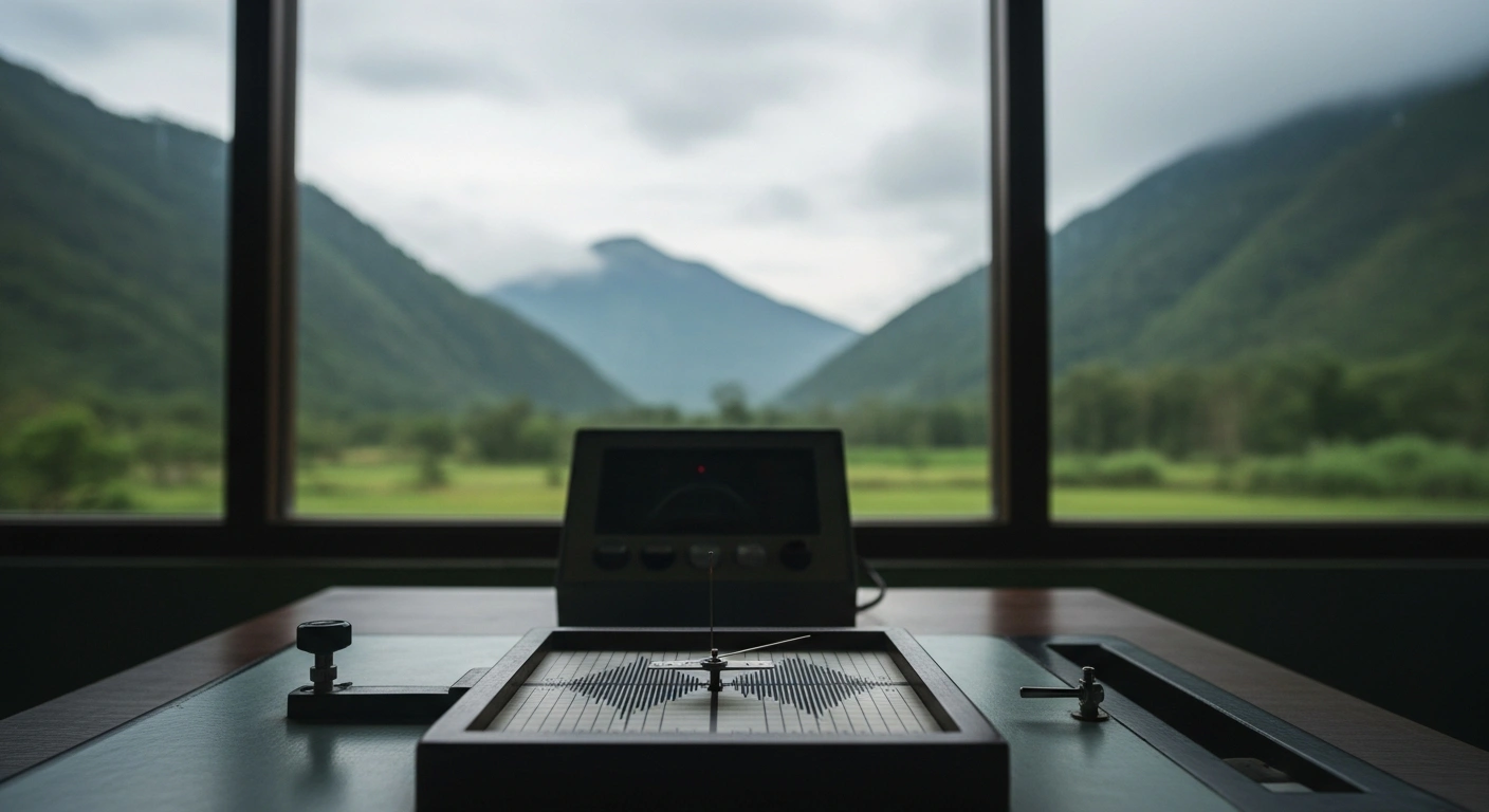 A seismograph records data in a monitoring station overlooking the mountainous landscape of the Sukabumi and Cianjur regions in West Java following recent tectonic earthquakes.