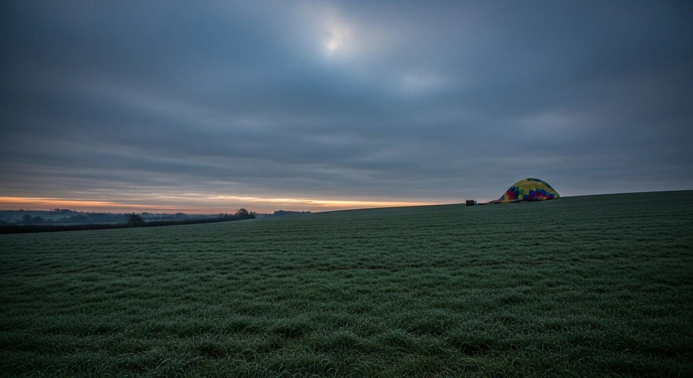 A wide, low-angle shot of a dew-kissed field in West Sussex at pre-dawn twilight, with a deflated hot air balloon partially visible in the far distance, symbolizing the aftermath of a man's death after falling.