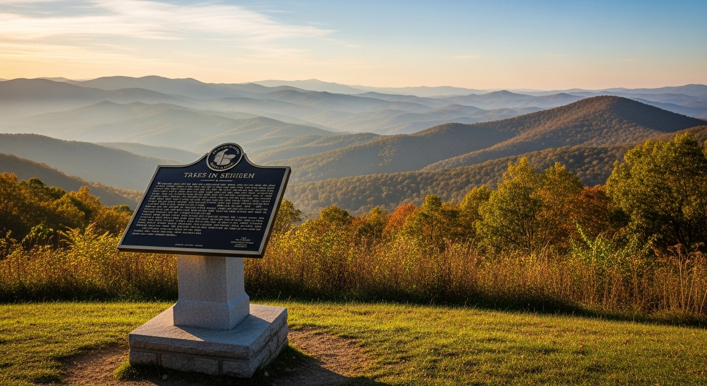 A bronze commemorative plaque sits in the foreground of a scenic West Virginia mountain landscape to mark the launch of the West Virginia America 250 Task Force.