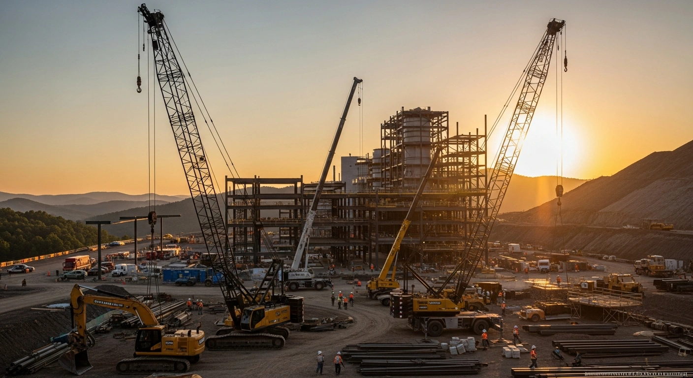 A panoramic view of a massive industrial construction site at sunset in Mason County, West Virginia, featuring cranes, excavators, and numerous construction workers actively building the skeletal steel framework of a new coal reformation facility, representing Frontieras North America's $850 million FASForm™ project.
